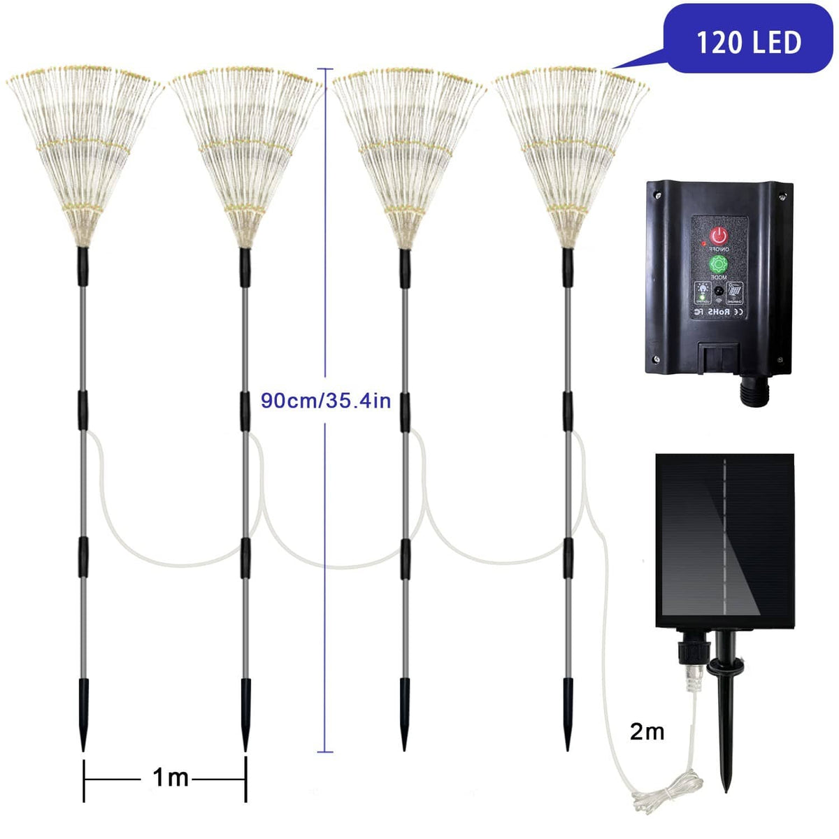 Solar firework light set, 4 stake lamps with controller and solar panel cables