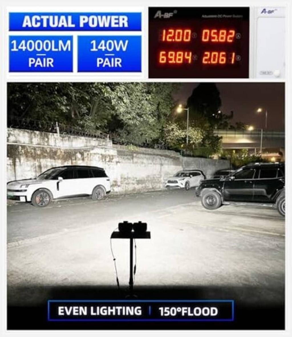 Pair of LED work lights mounted on a vehicle, emitting bright white beam