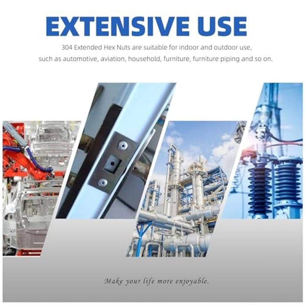 Extended hex coupling nuts for industrial use shown in automotive and equipment collage