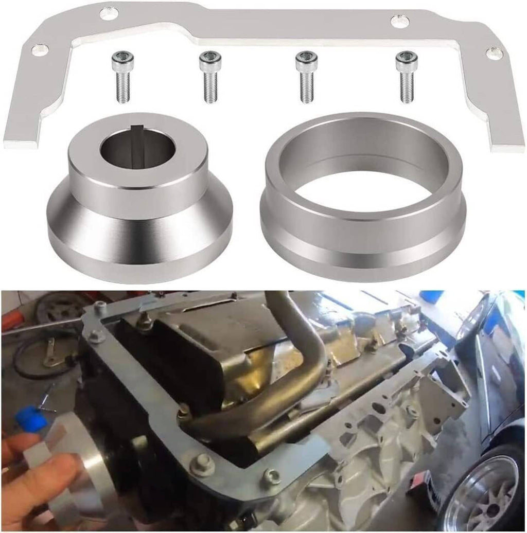 Oil pan alignment tool kit pieces: metal plate with bolts plus two machined alignment rings