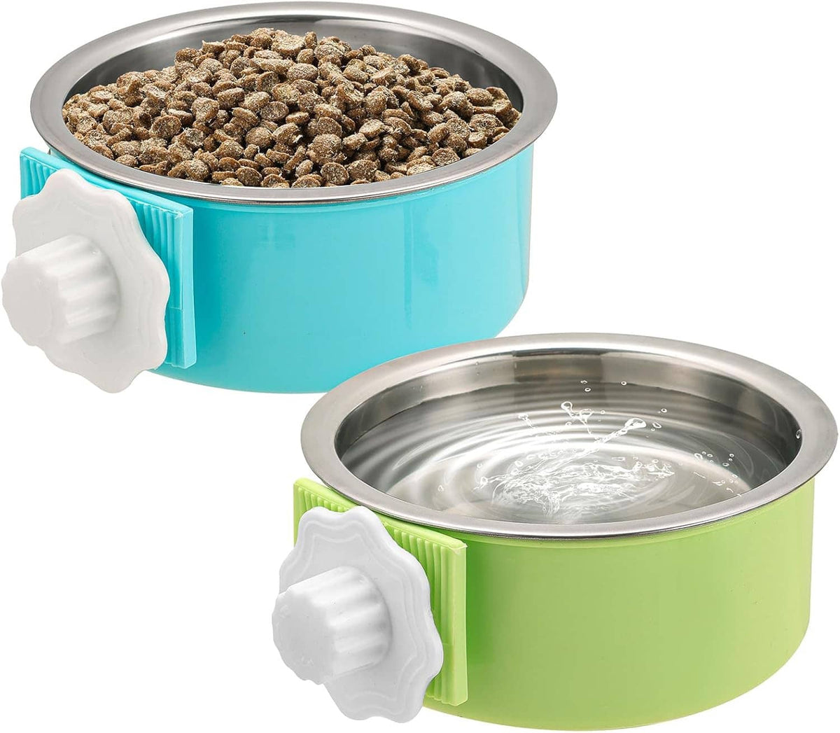 Two-piece dog crate bowls: blue and green with removable stainless steel inserts