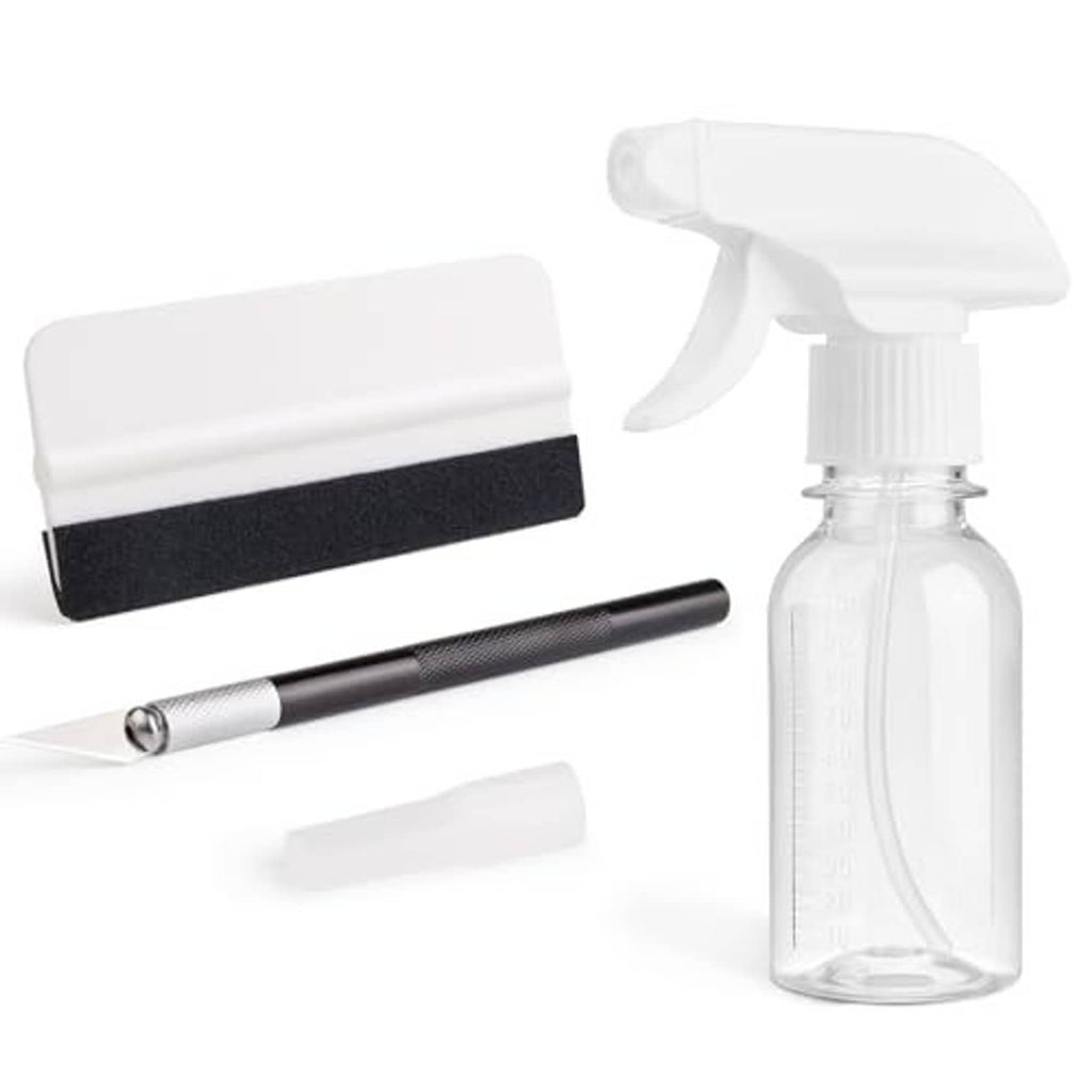 Window film installation kit includes spray bottle, squeegee, and smoothing roller