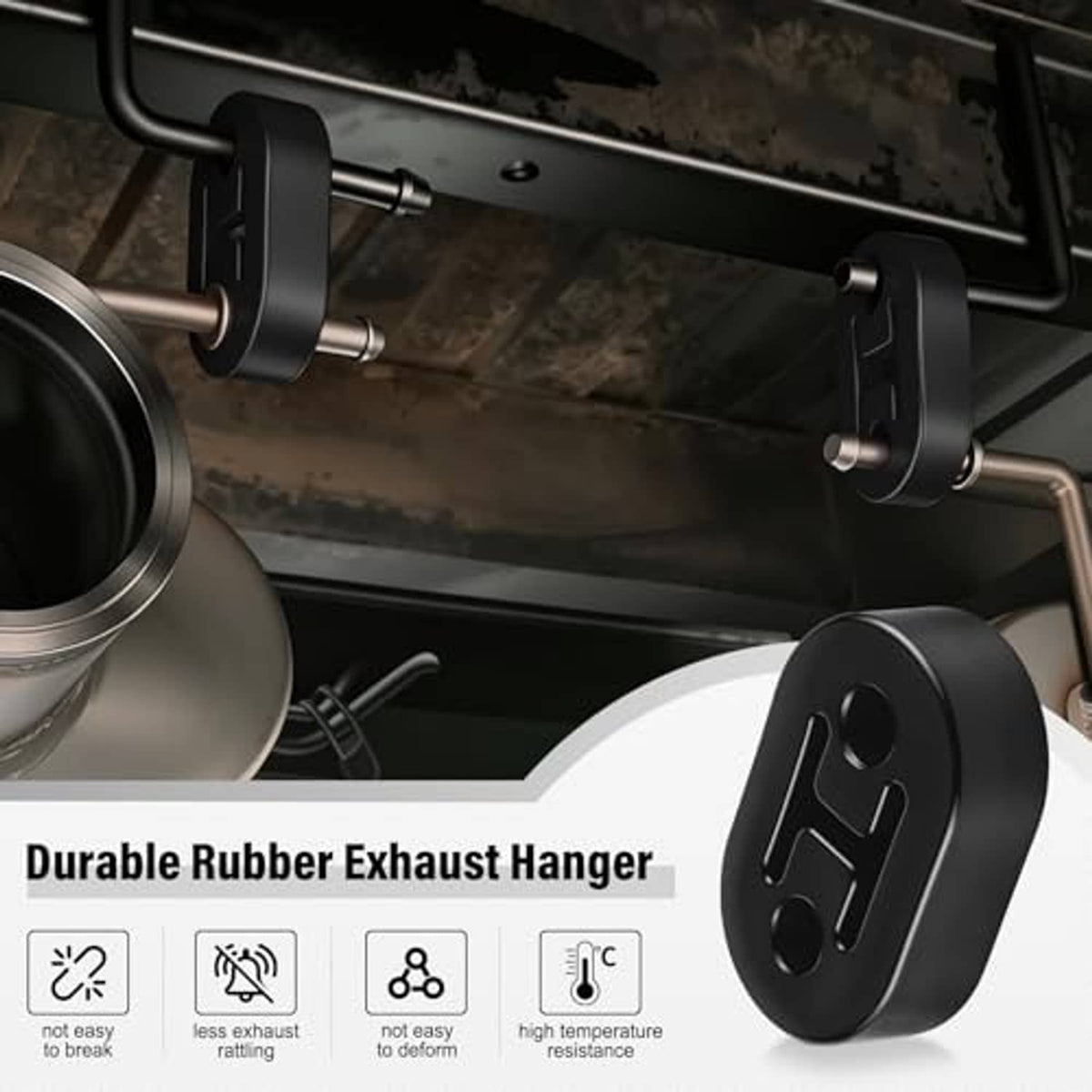 Black rubber exhaust hangers securing muffler pipe with two mounting brackets