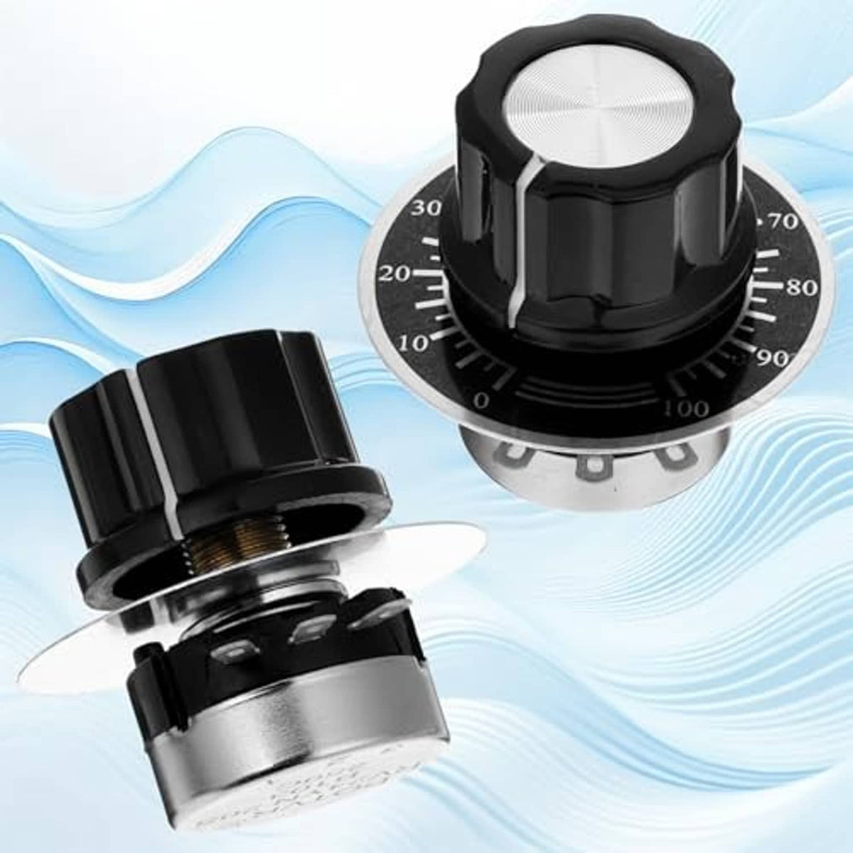 Rotary potentiometer with black housing, threaded metal shaft, and silver mounting base