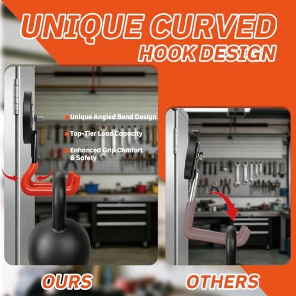 Curved design magnetic hook with black base and orange rubber gripping arms