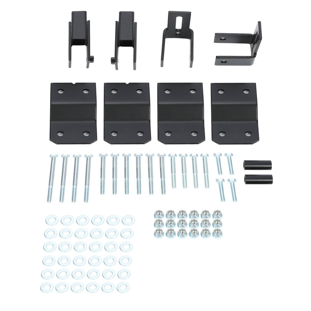 Black steel lift blocks and mounting brackets with bolt set and washer packs