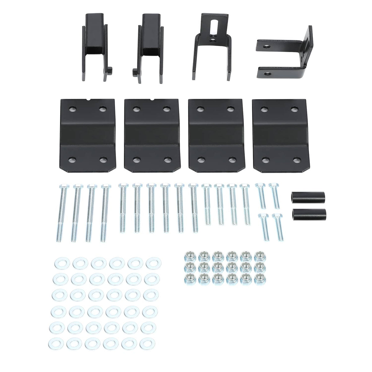 Black steel lift blocks and mounting brackets with bolt set and washer packs