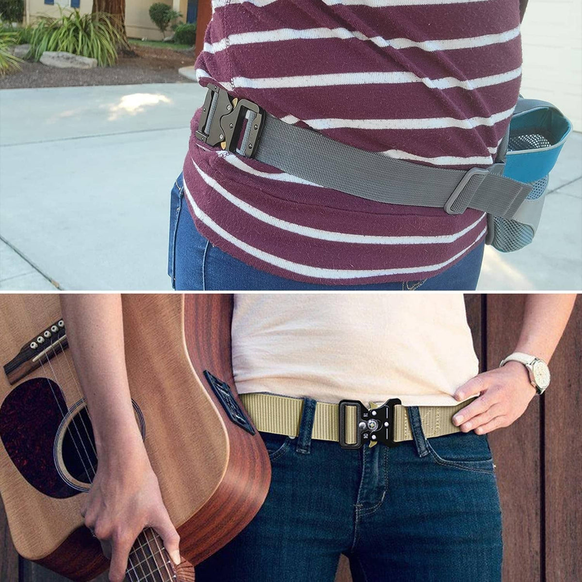 Belt buckle with black webbing strap and metal quick-release, worn on jeans