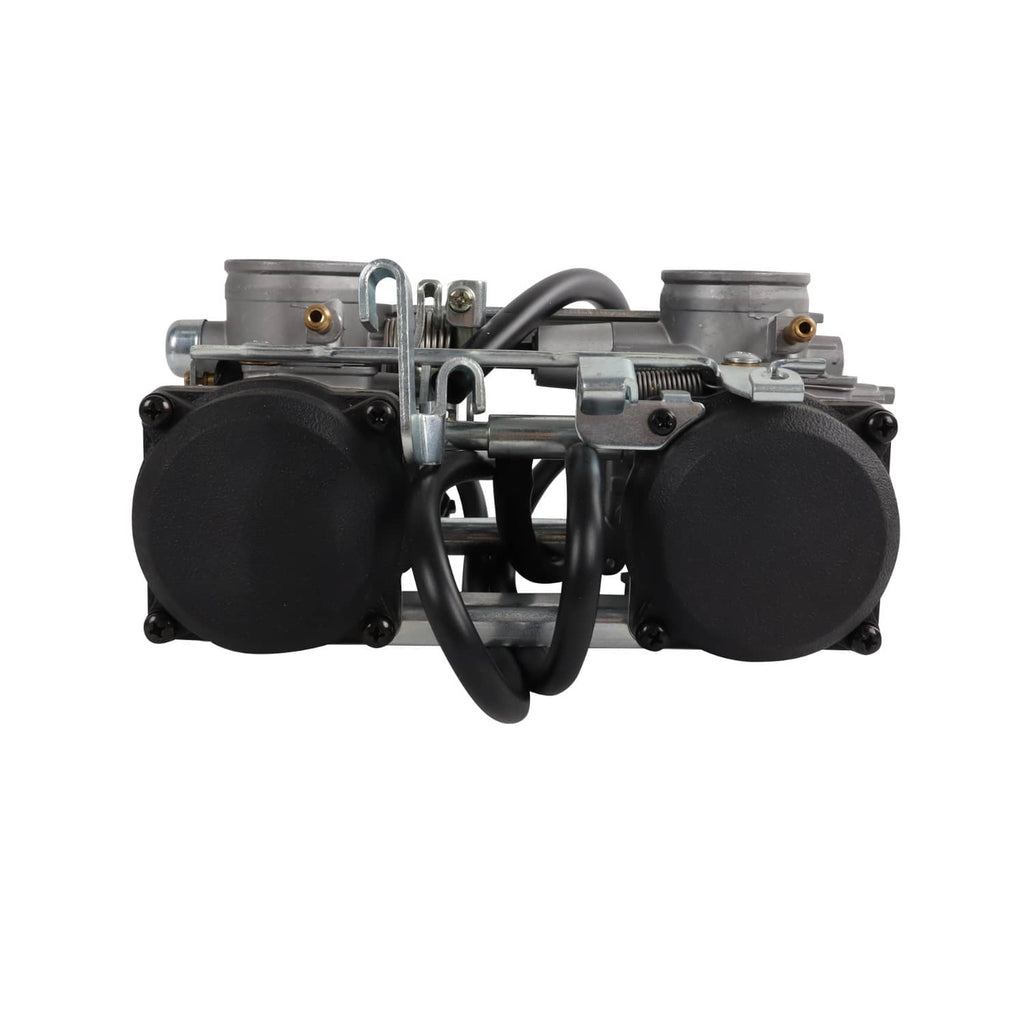 Carburetor assembly with twin large black air intakes and black connecting hoses