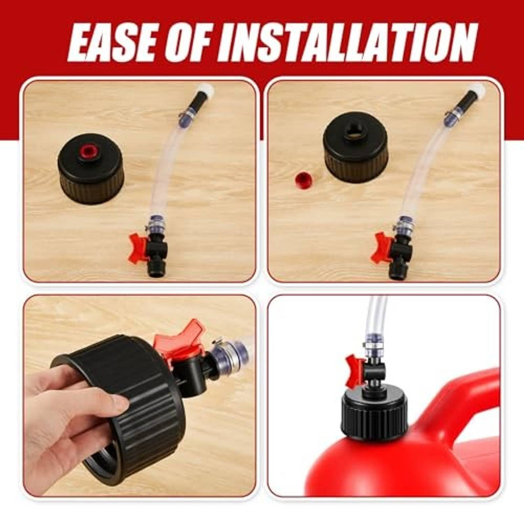 Fuel jug lid cap and clear hose with quick-connect fittings for easy installation