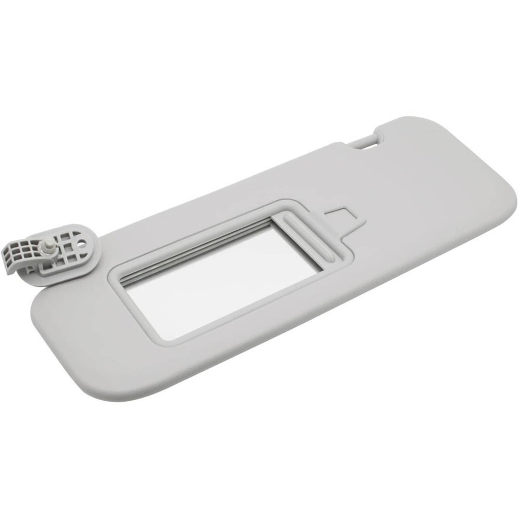 Gray sun visor back view with mirror opening and mounting mechanism