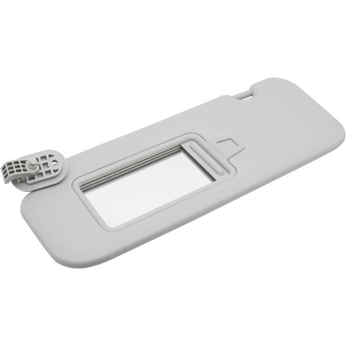 Gray sun visor back view with mirror opening and mounting mechanism