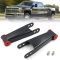 Black rear drop shackles kit with red polyurethane bushings and mounting hardware.