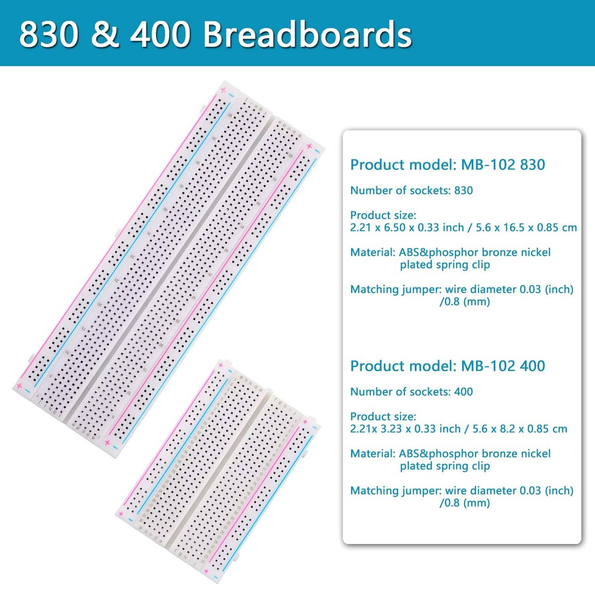 Pair of white breadboards with rows of pin holes and colored guide stripes