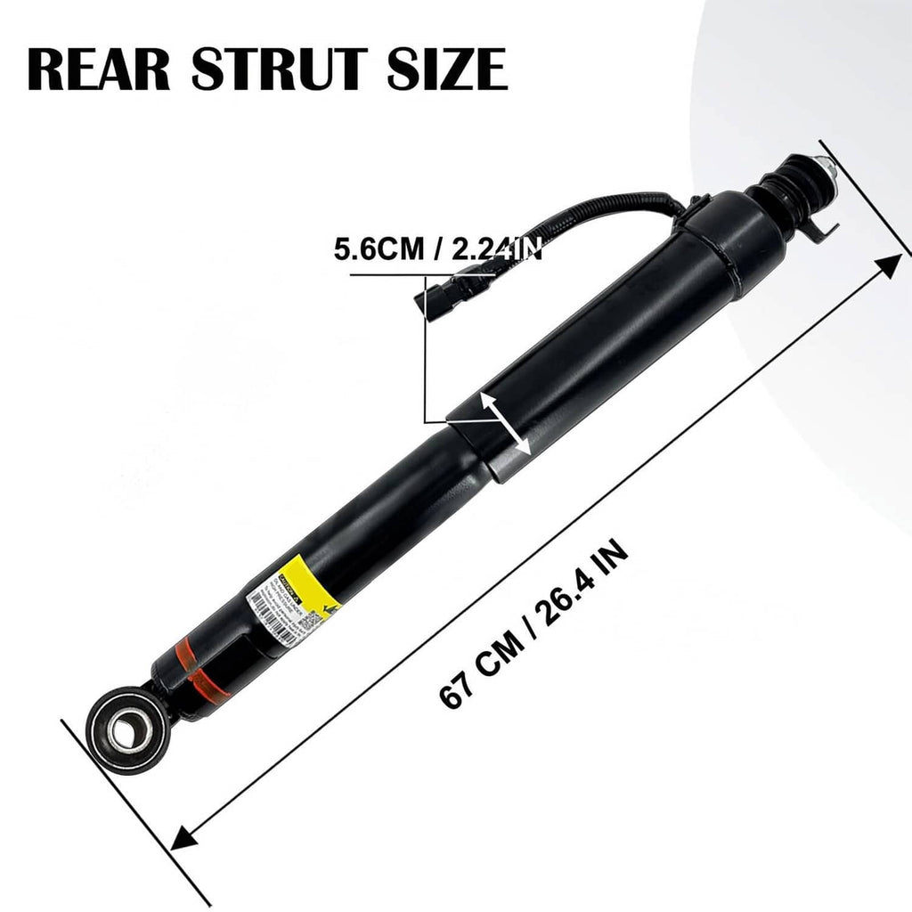 Rear shock strut assembly size view with black cylinder and rod-end bushing