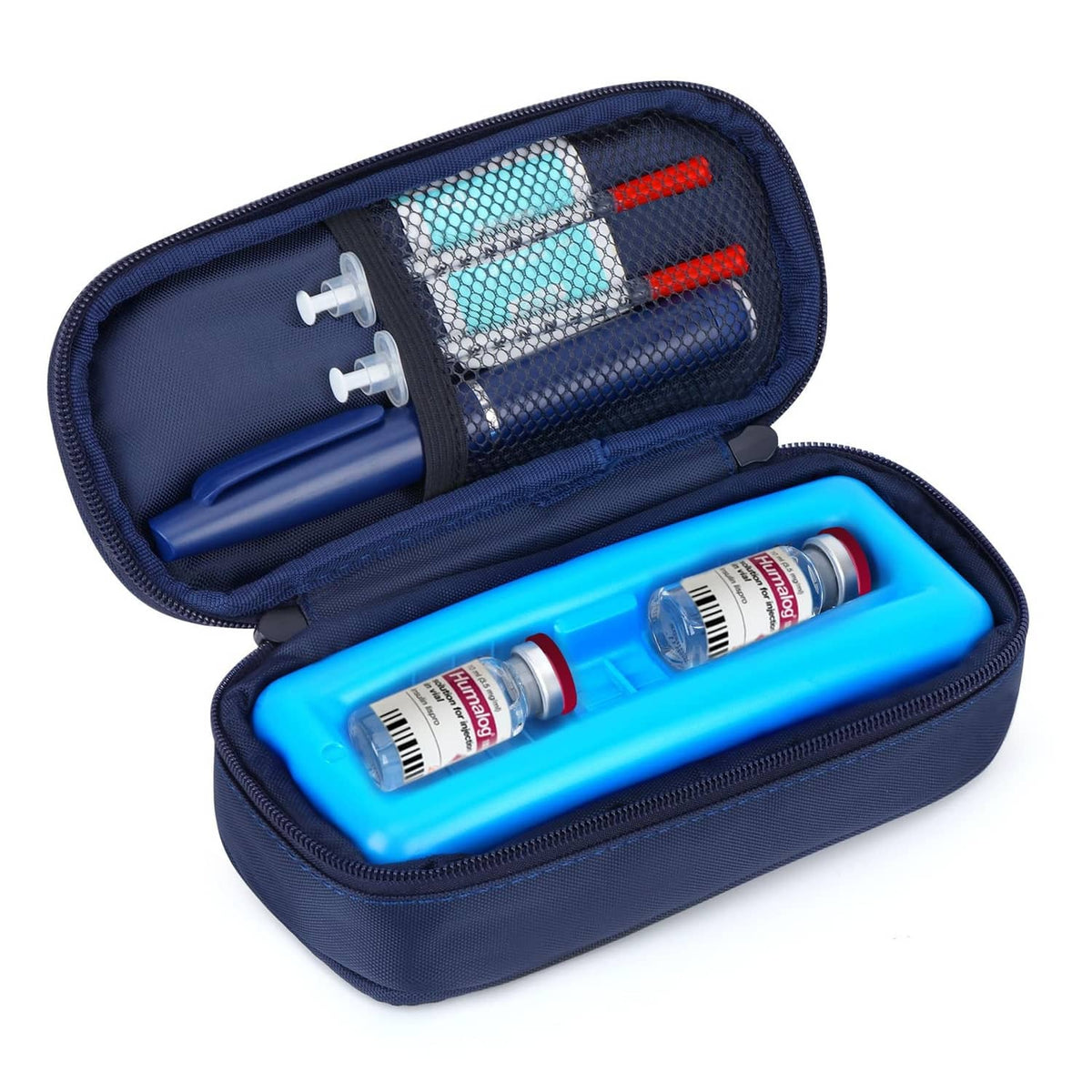 Navy insulin travel cooler case with blue insert, opened, holding insulin vials and syringes