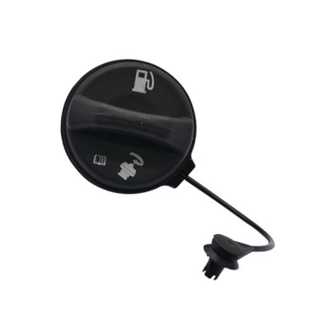 Black round fuel tank filler cap with attached vent hose and small connector