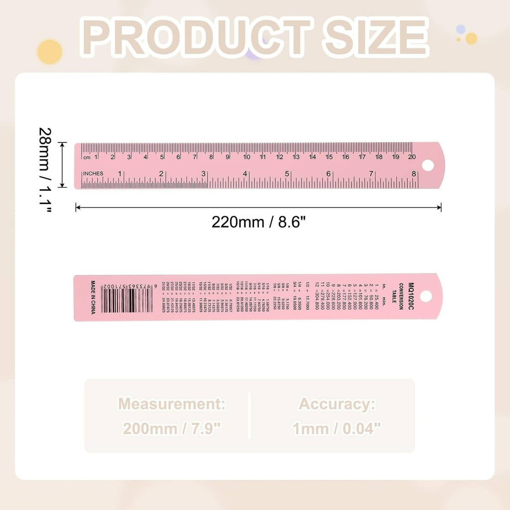 Pink 20 cm / 8 in metal ruler with inch and metric scale markings