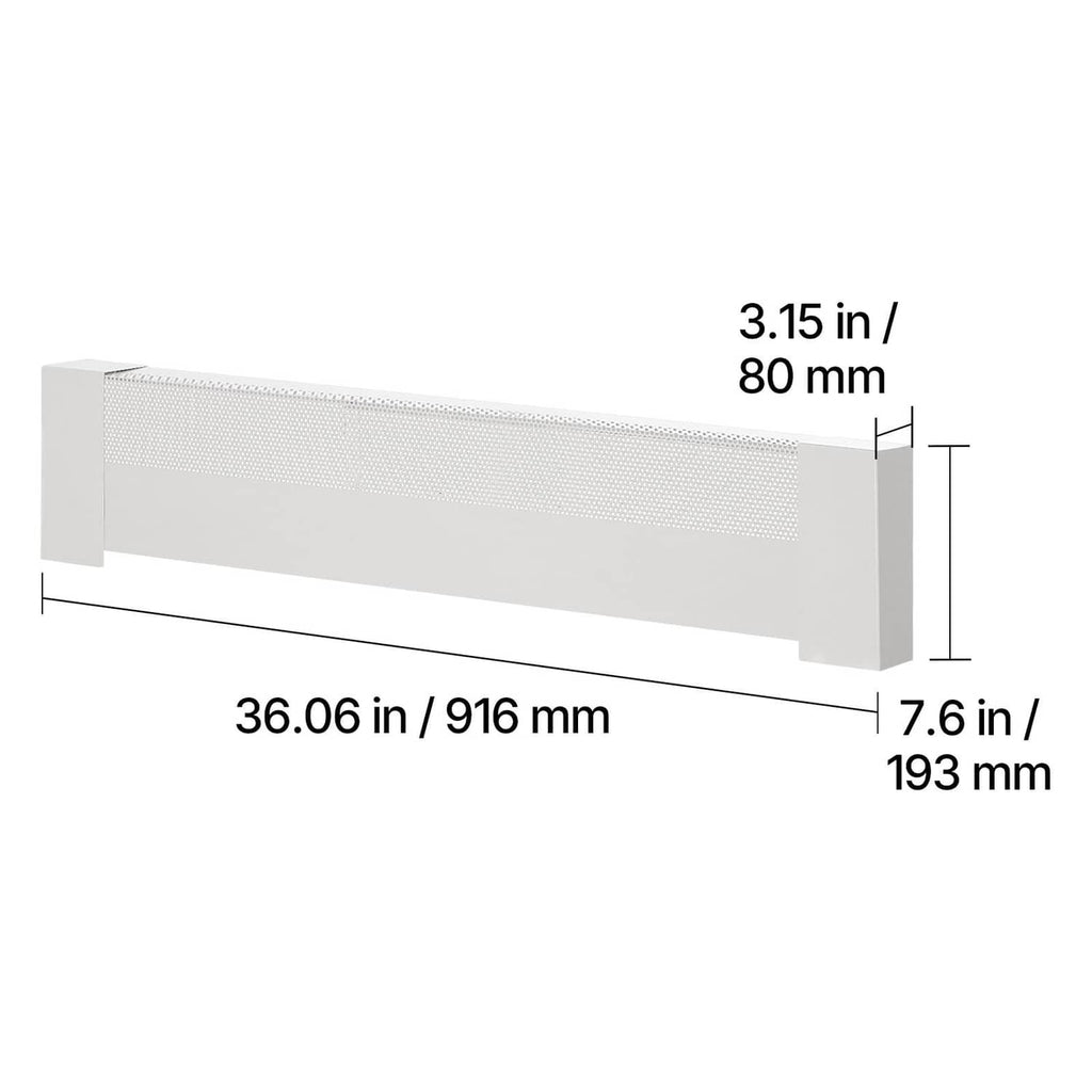 White 3 ft baseboard heater cover, slim profile with perforated grille