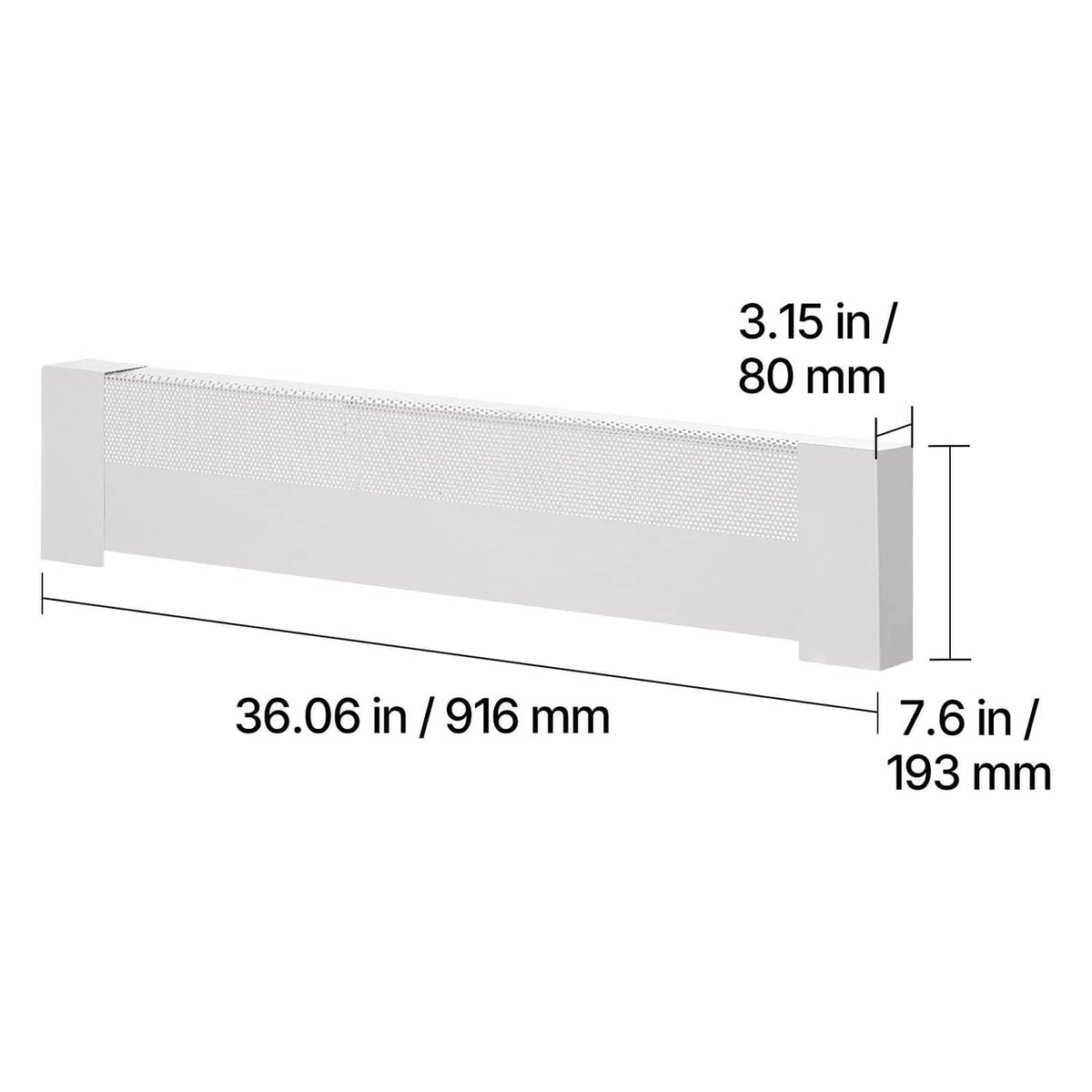 White 3 ft baseboard heater cover, slim profile with perforated grille