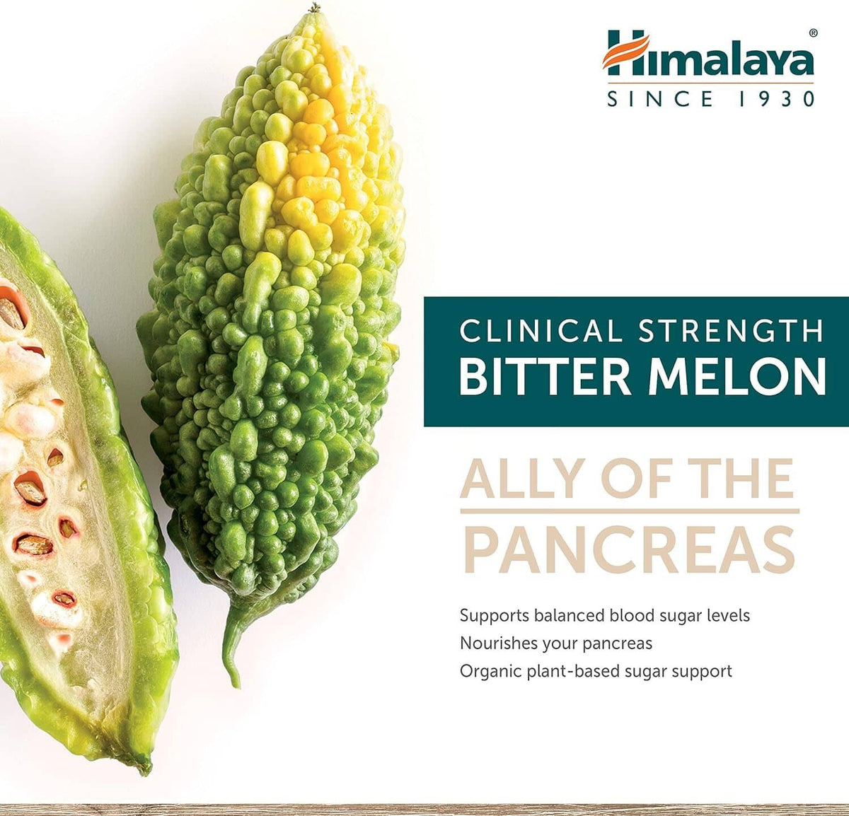 Organic bitter melon supplement box front with bitter melon fruit illustration
