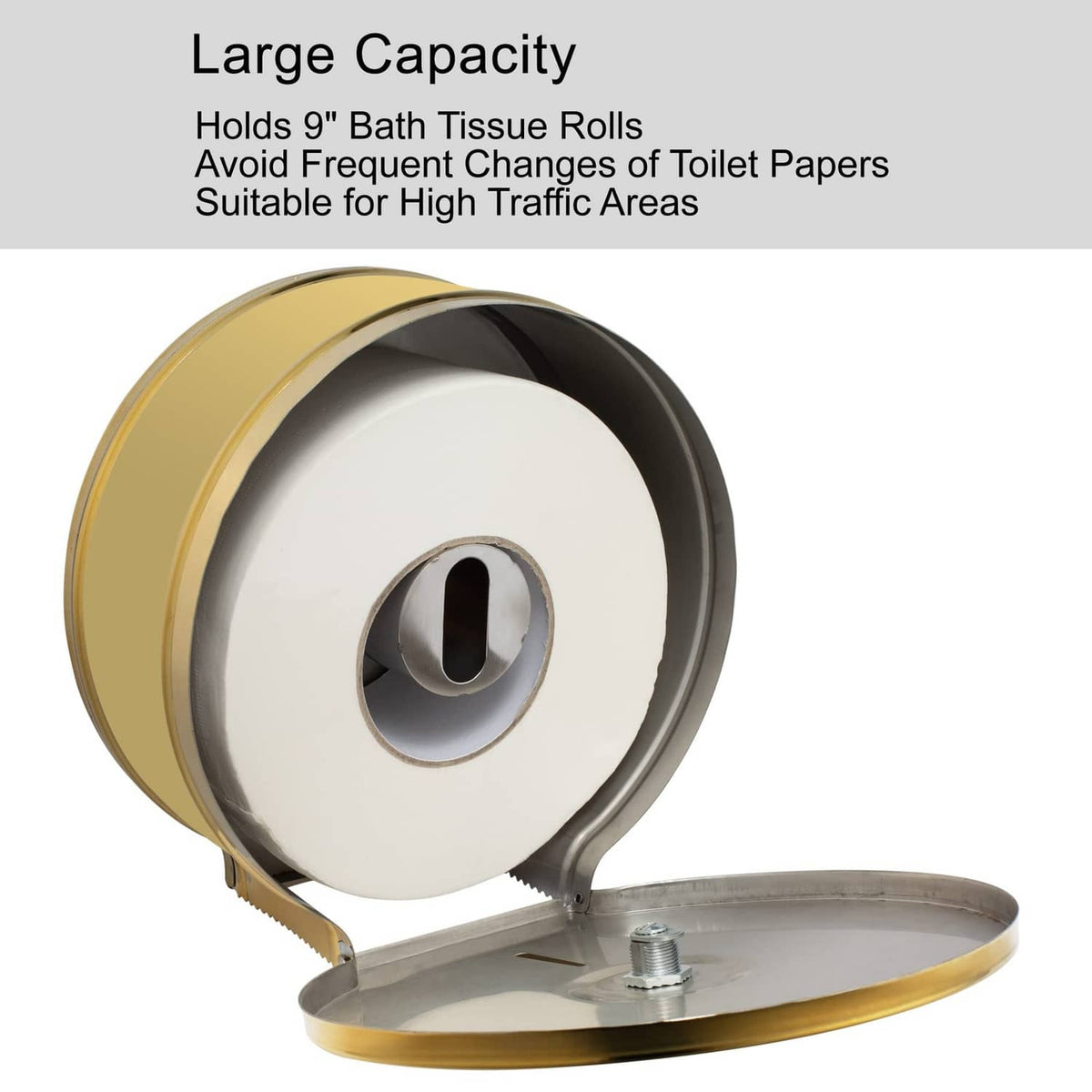 Gold jumbo toilet paper dispenser with open roll and spindle