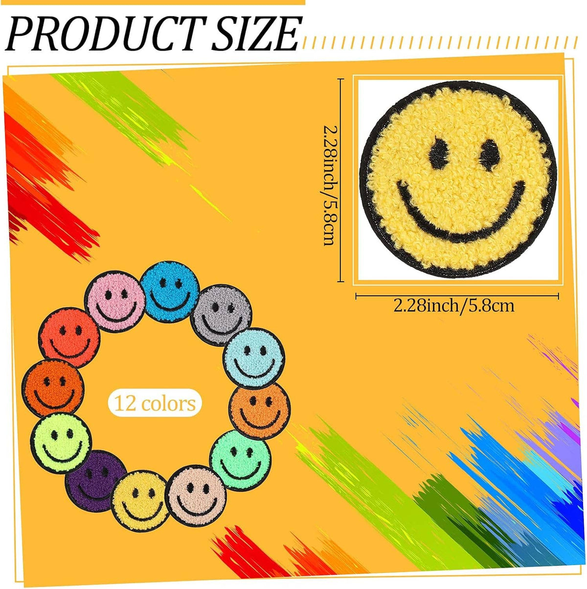 Yellow chenille smiley face patch shown with size label 2.28 in / 5.8 cm