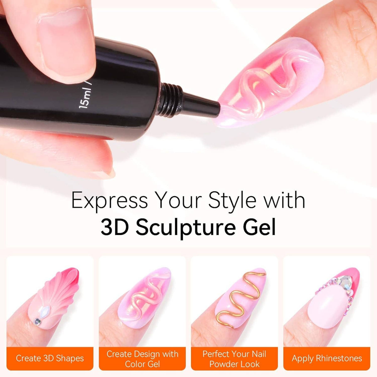 Sculpting gel bottle applying glossy pink 3D gel on a fingernail