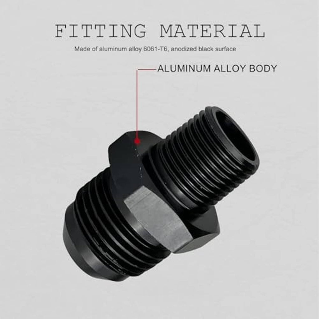 Black aluminum alloy AN10 to 3/4 NPT fitting connector, angled view