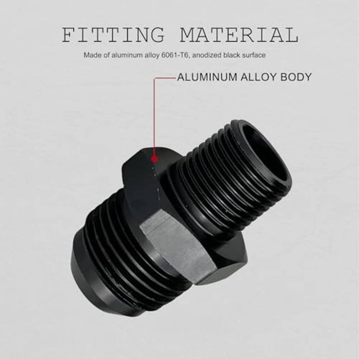 Black aluminum alloy AN10 to 3/4 NPT fitting connector, angled view