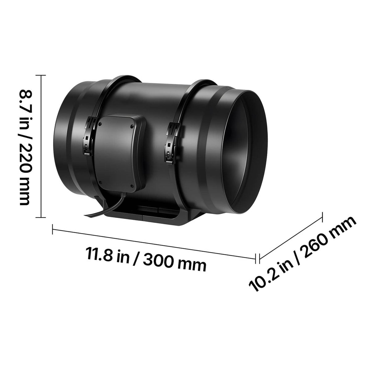Black inline duct fan showing overall dimensions from angled view