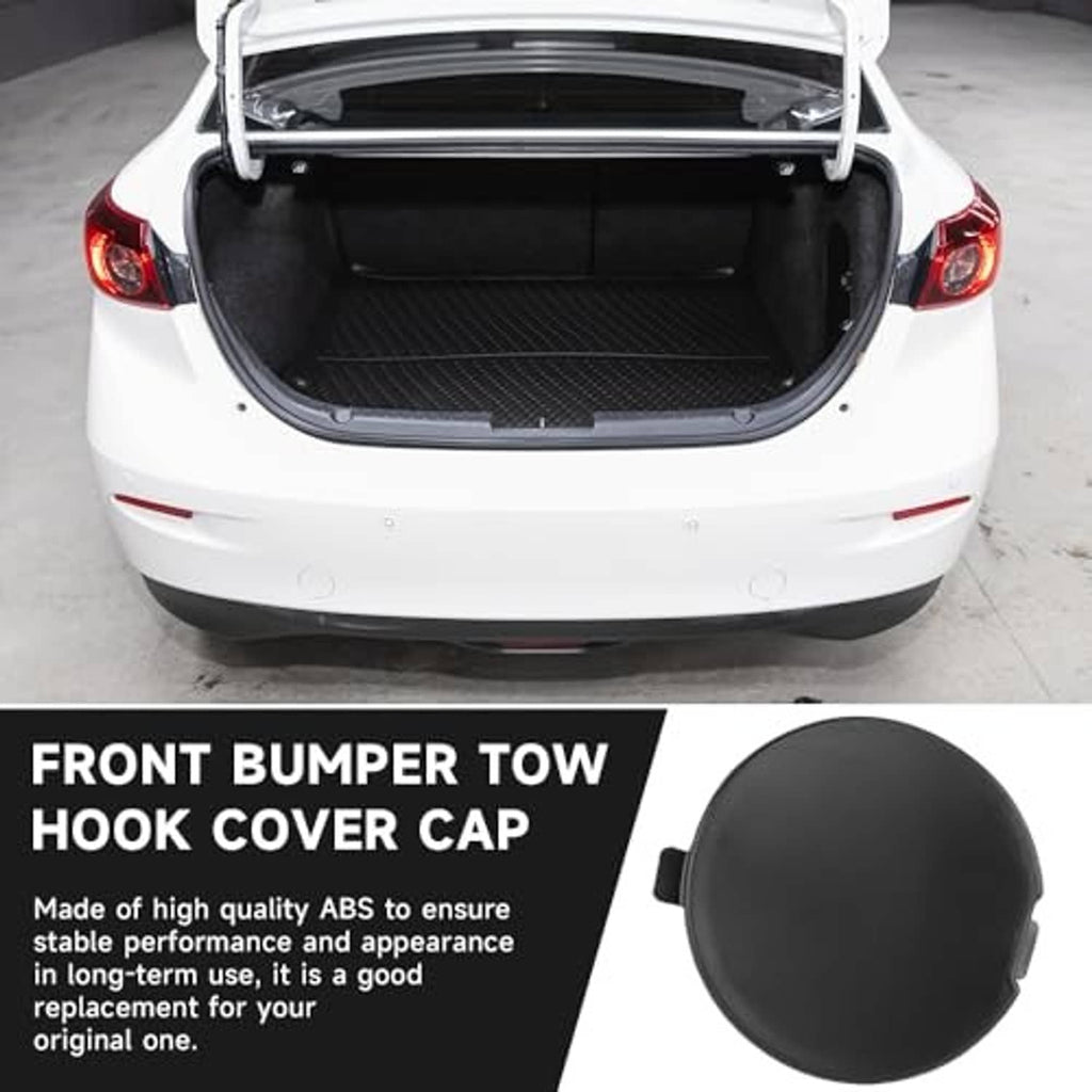 Front bumper tow hook cover cap, black, shown with rear hatch open