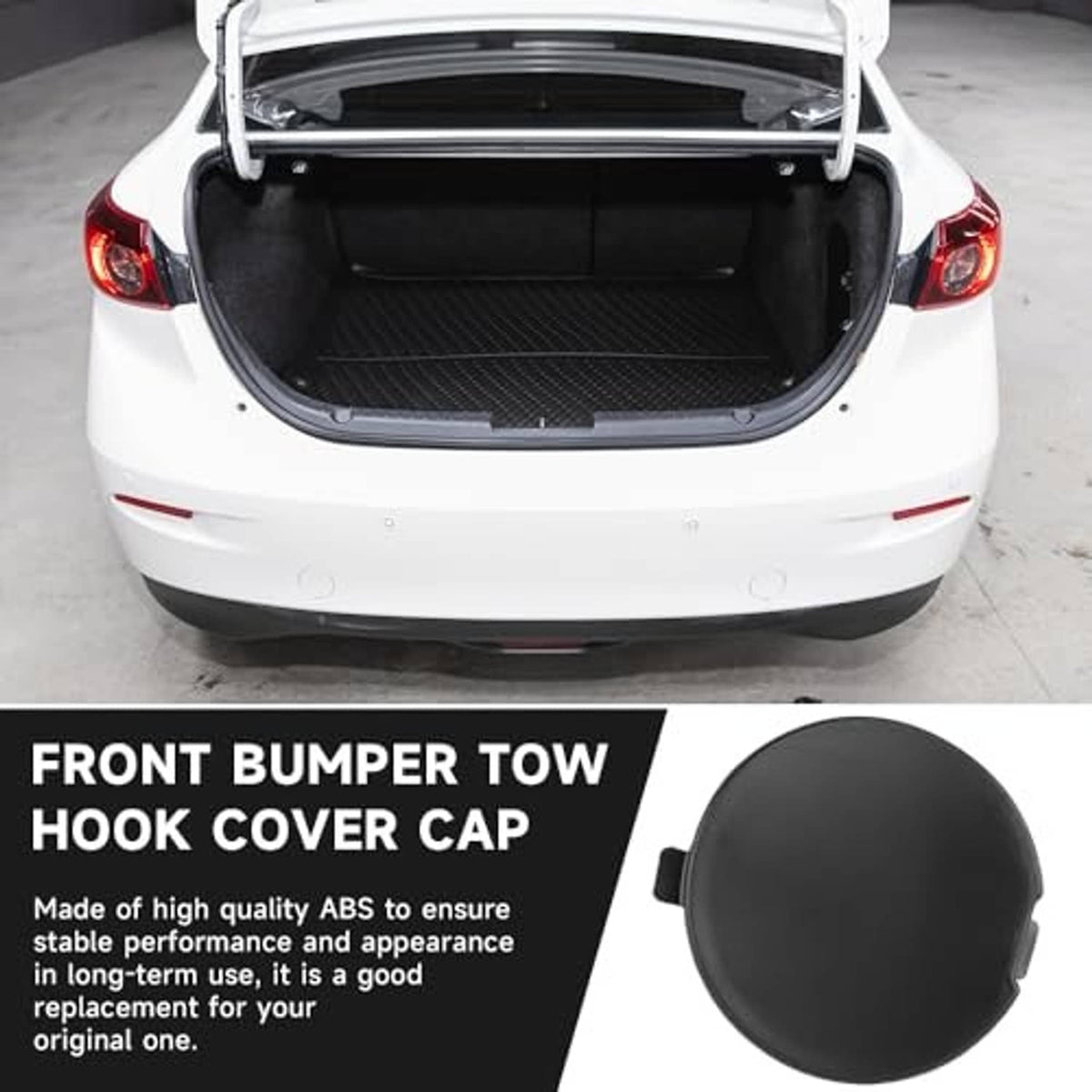 Front bumper tow hook cover cap, black, shown with rear hatch open