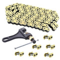 Gold 428 motorcycle chain with black chain breaker tool and 6 spare link pins
