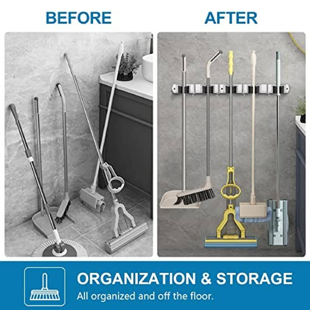 Wall mount broom and mop organizer rack with hooks to keep cleaning tools off the floor