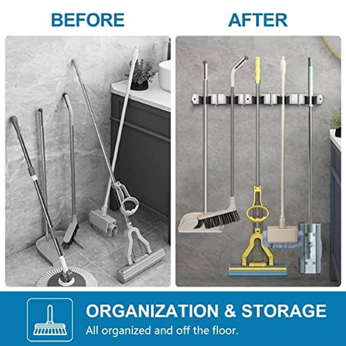 Wall mount broom and mop organizer rack with hooks to keep cleaning tools off the floor