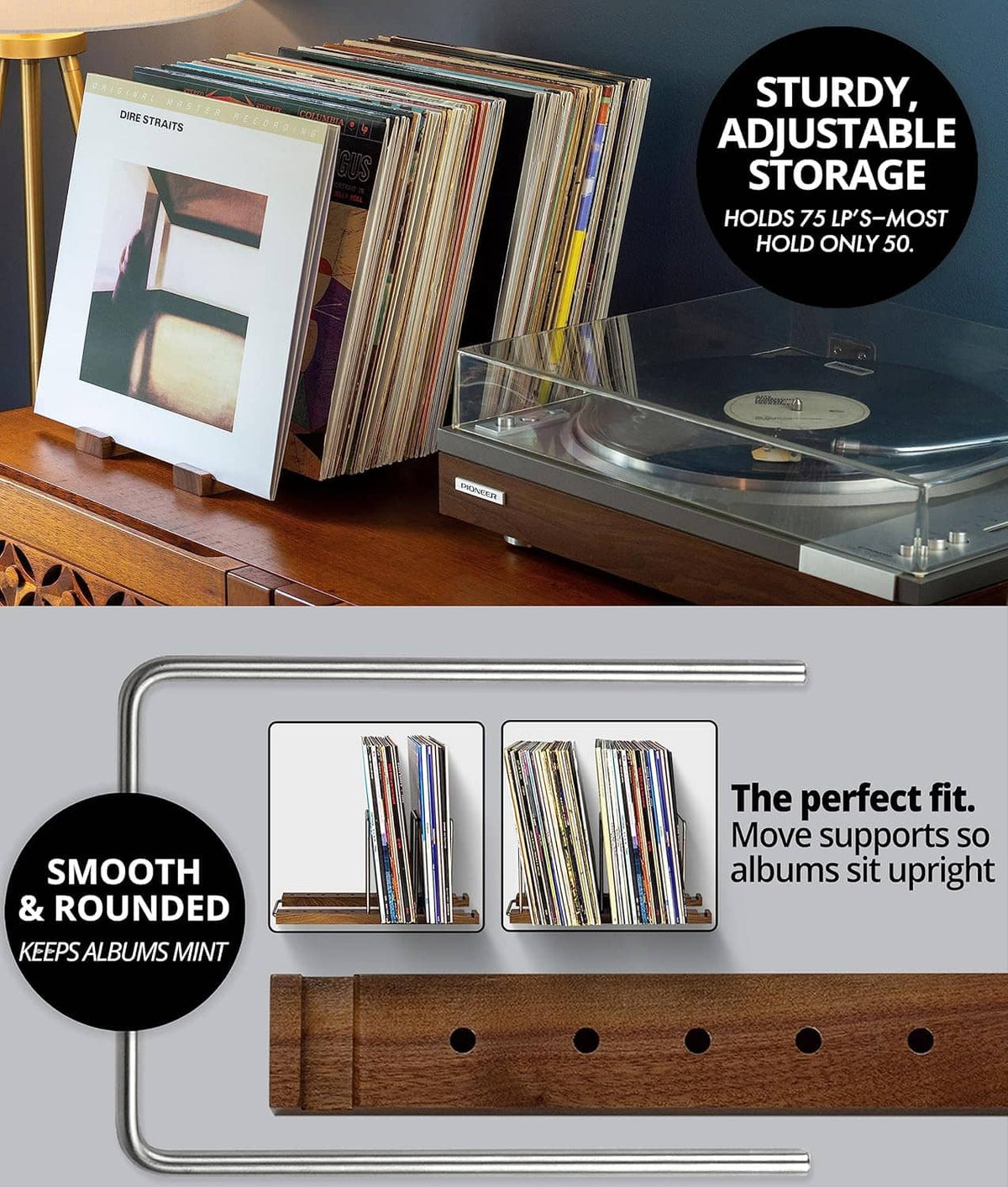 Walnut vinyl record organizer stand with metal frame holding multiple LPs on a base