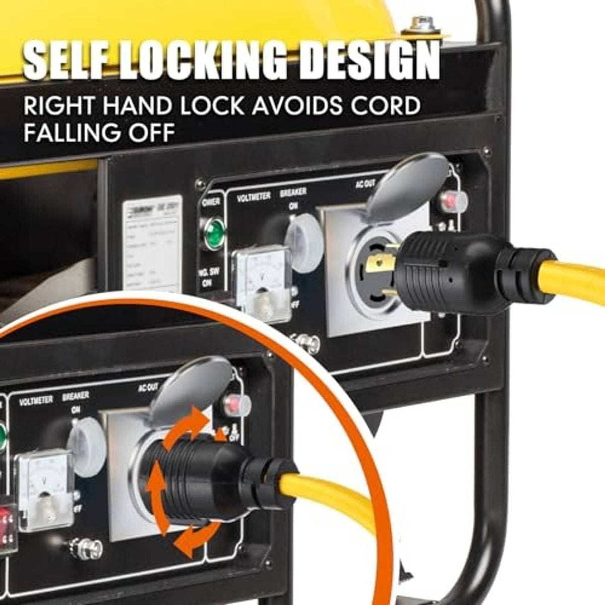 Welder adapter cord plug connection to generator outlet, yellow cable with black adapter