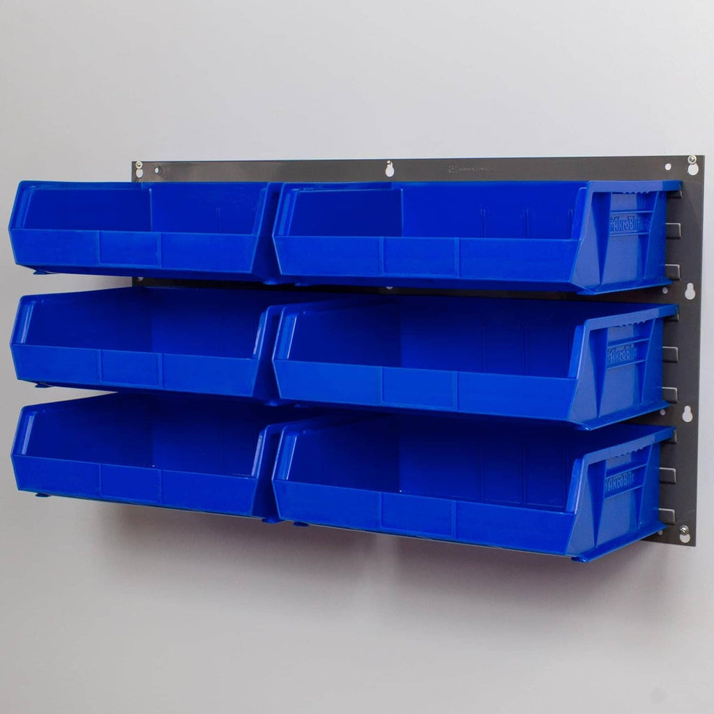 Gray louvered panel with four blue storage bins for wall mounting