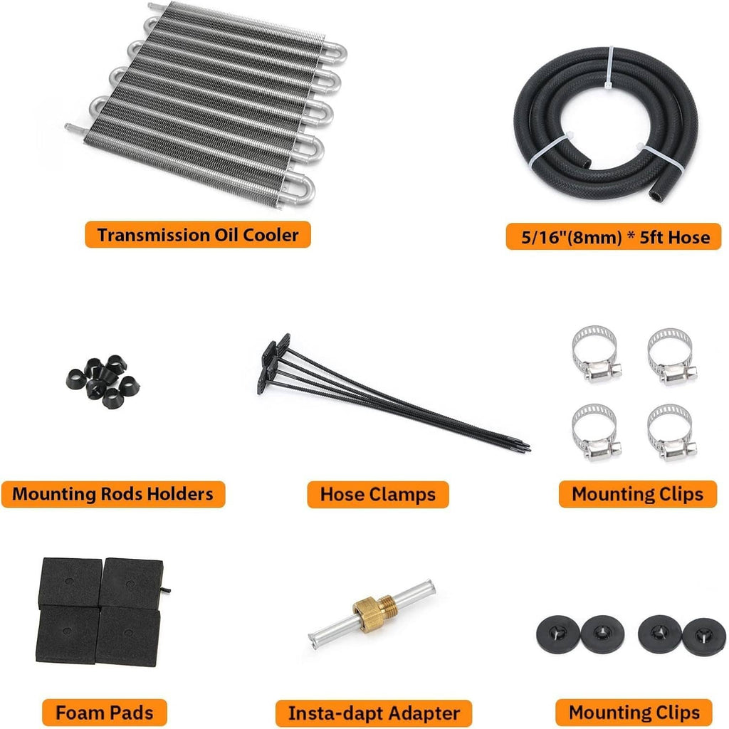 Oil cooler kit components: aluminum radiator, black hose, clips, clamps, foam pads, adapter