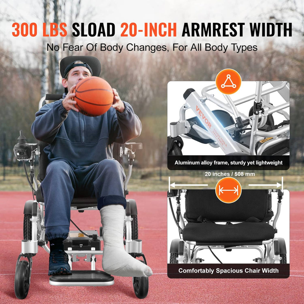 Electric wheelchair with wide armrests, black seat cushion, and four large wheels
