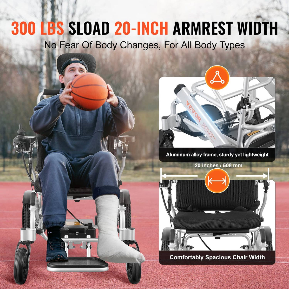 Electric wheelchair with wide armrests, black seat cushion, and four large wheels
