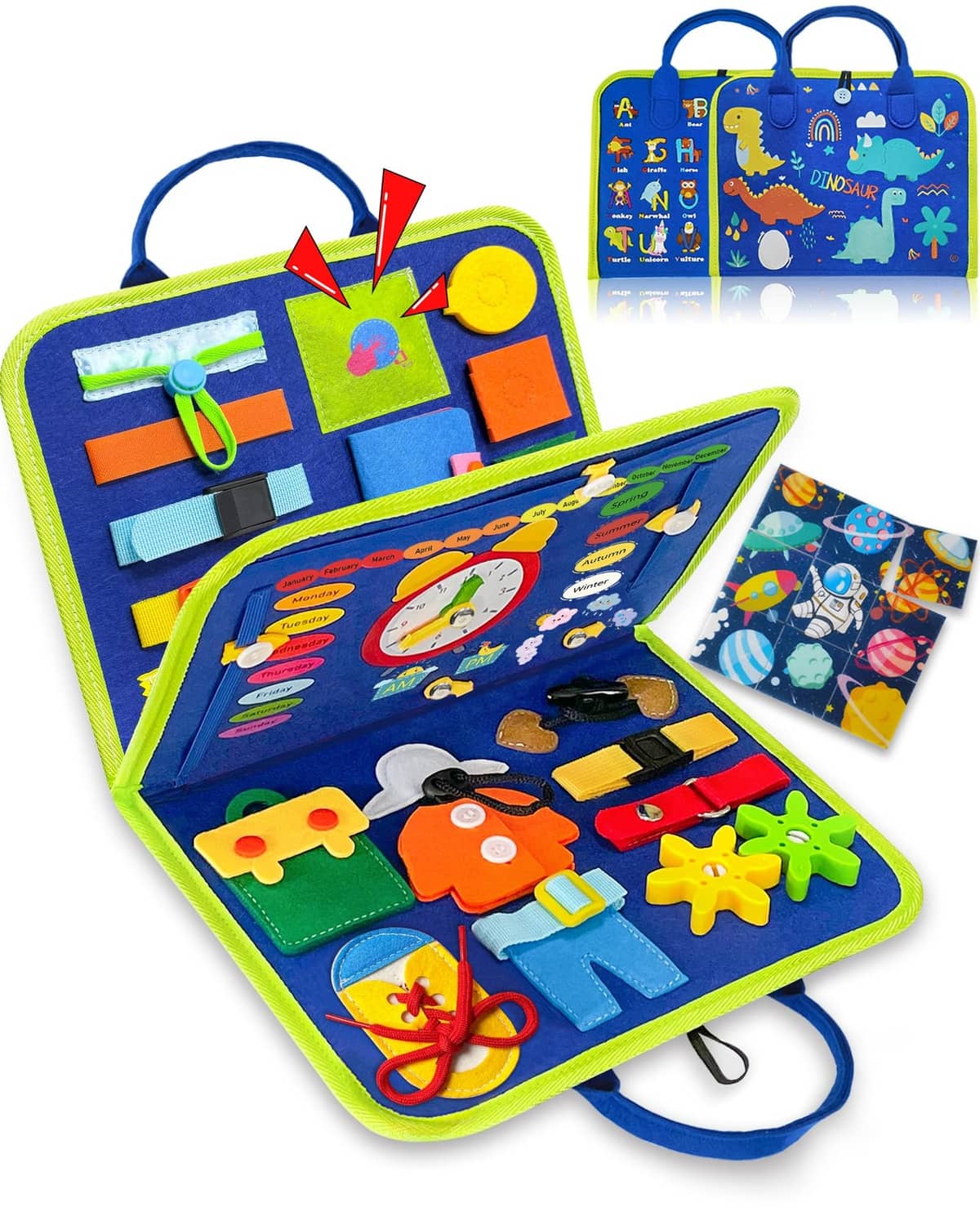 Blue dinosaur-themed Montessori busy board with fabric panels, buttons and lacing details