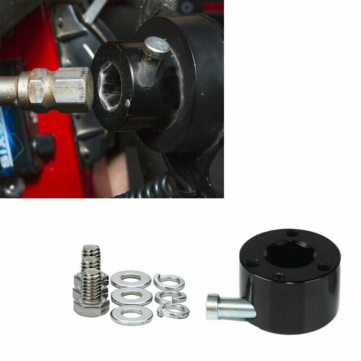 Black disconnect hub with bolt holes and side arm, shown with included hardware