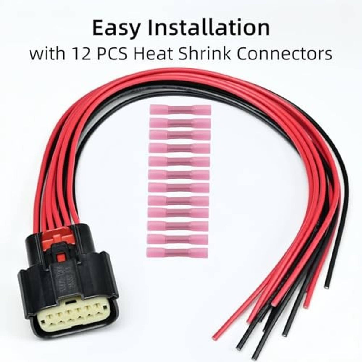 Headlight connector pigtail with red wire harness, heat-shrink connectors, and black plug housing