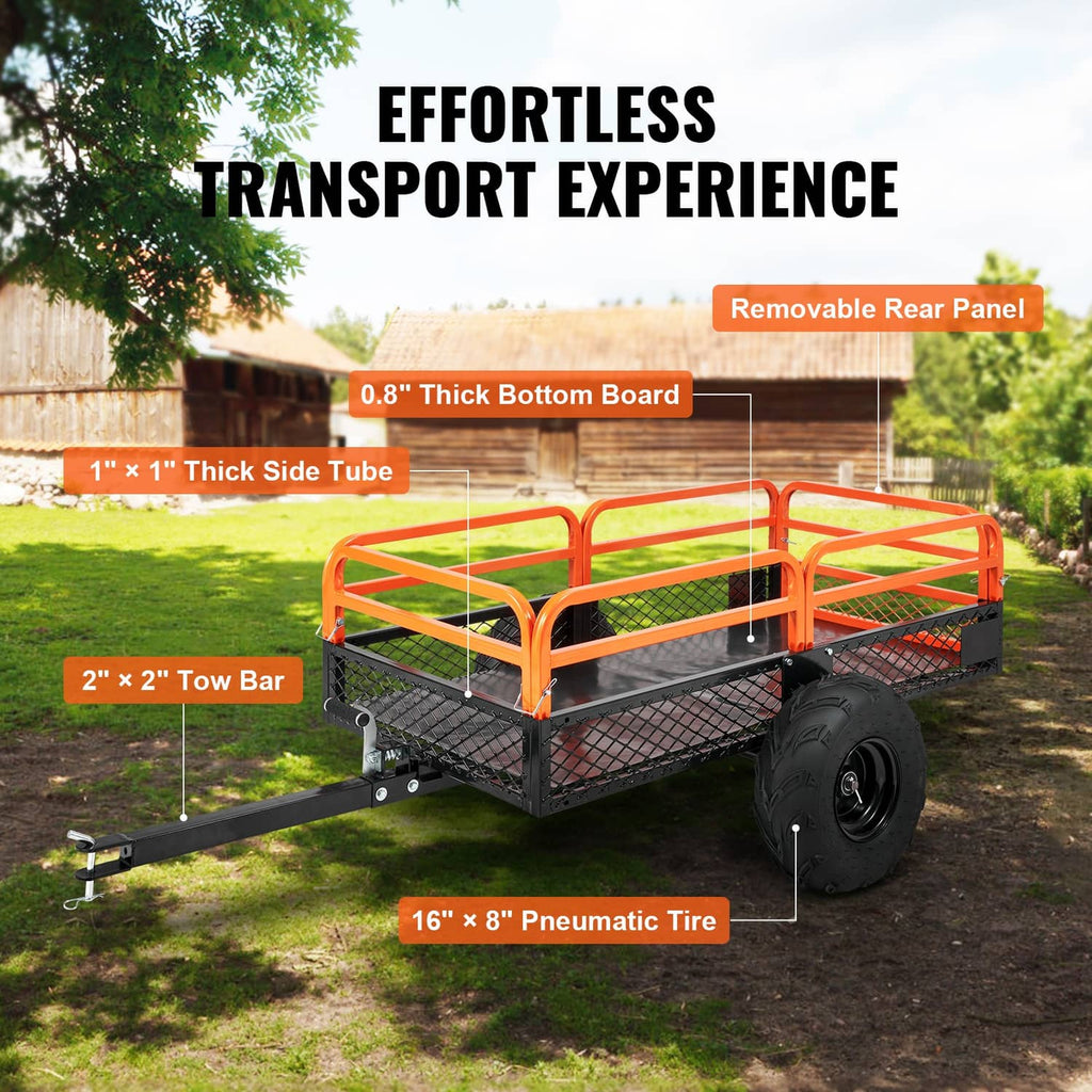 Orange steel tow-behind dump cart with mesh sides, removable rear panel, pneumatic tire