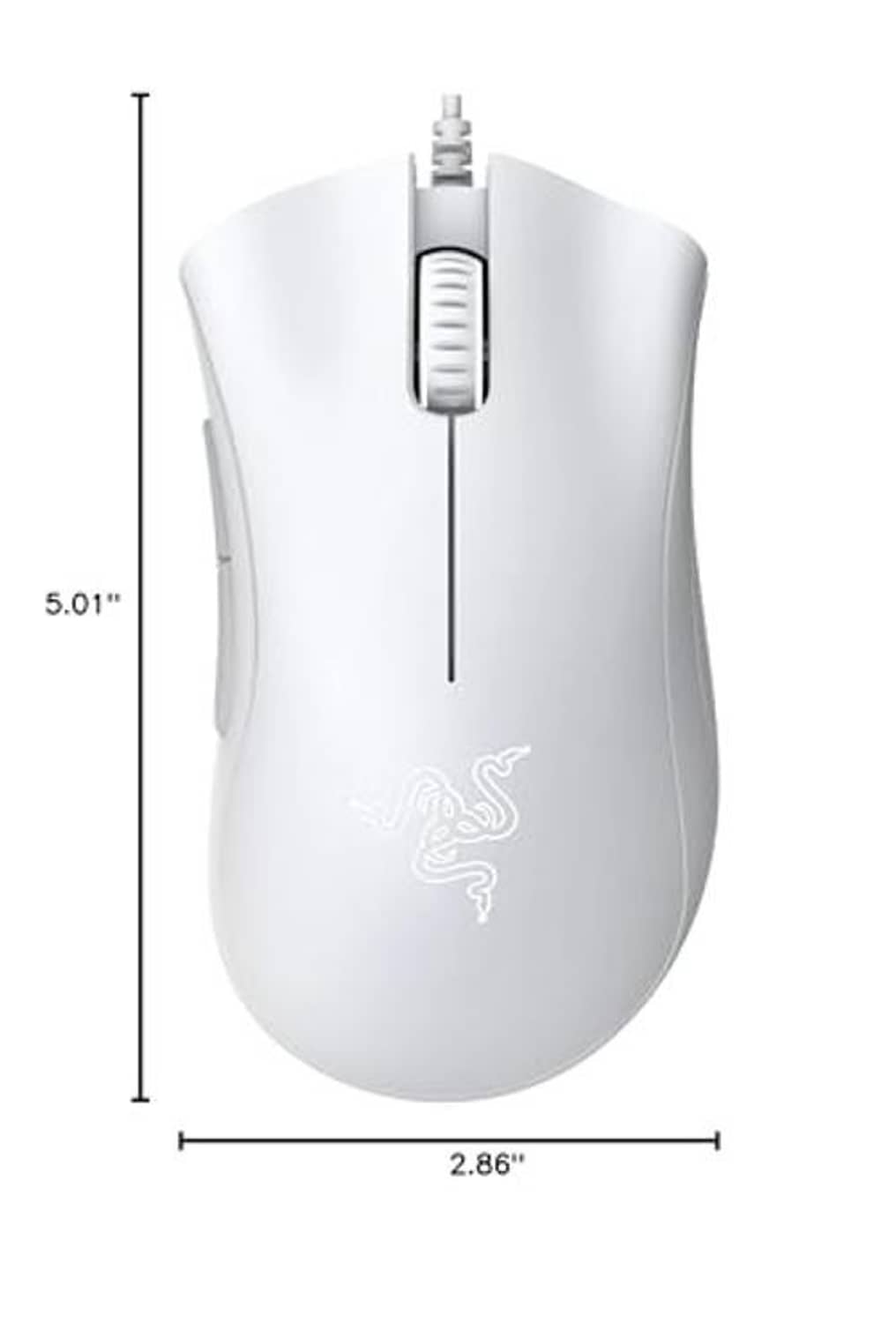 White wired gaming mouse with central scroll wheel and embossed logo on shell.