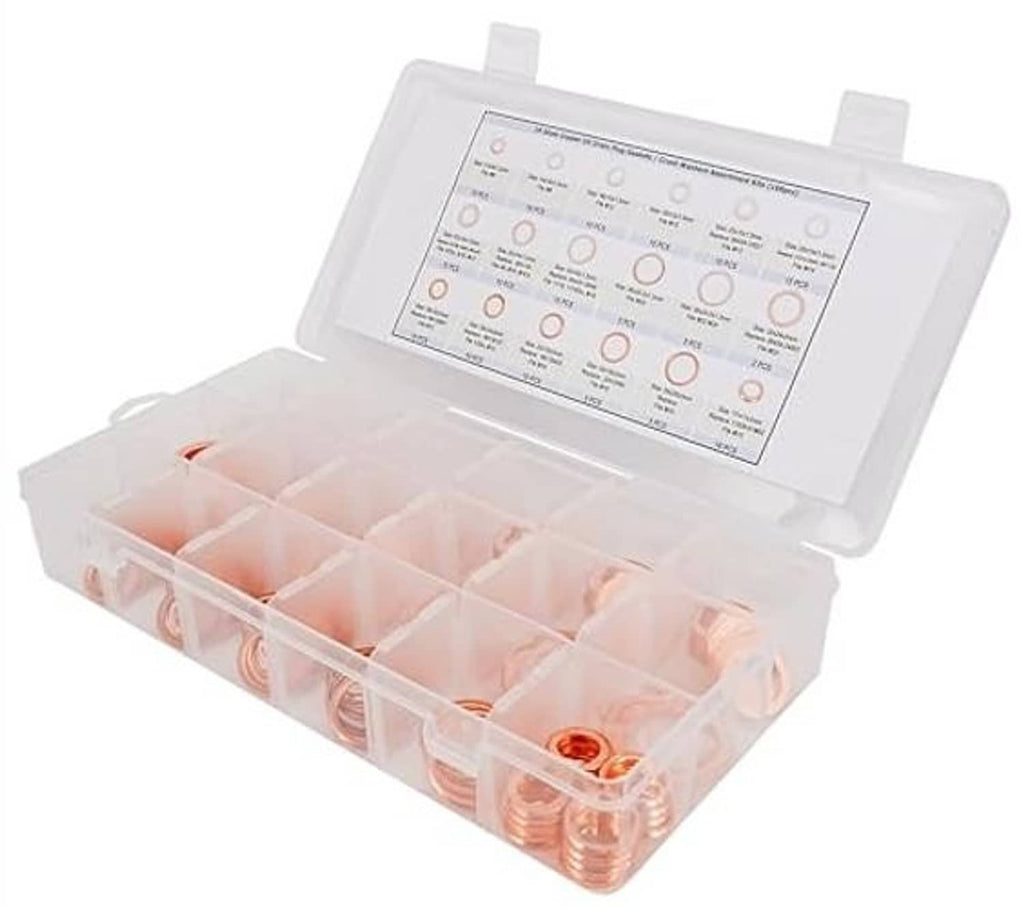 Copper crush washer assortment in clear storage case with lid and size chart