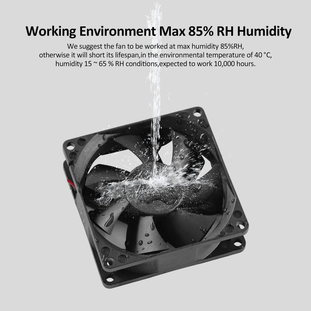Black 12V square cooling fan with water-splash droplets on blades