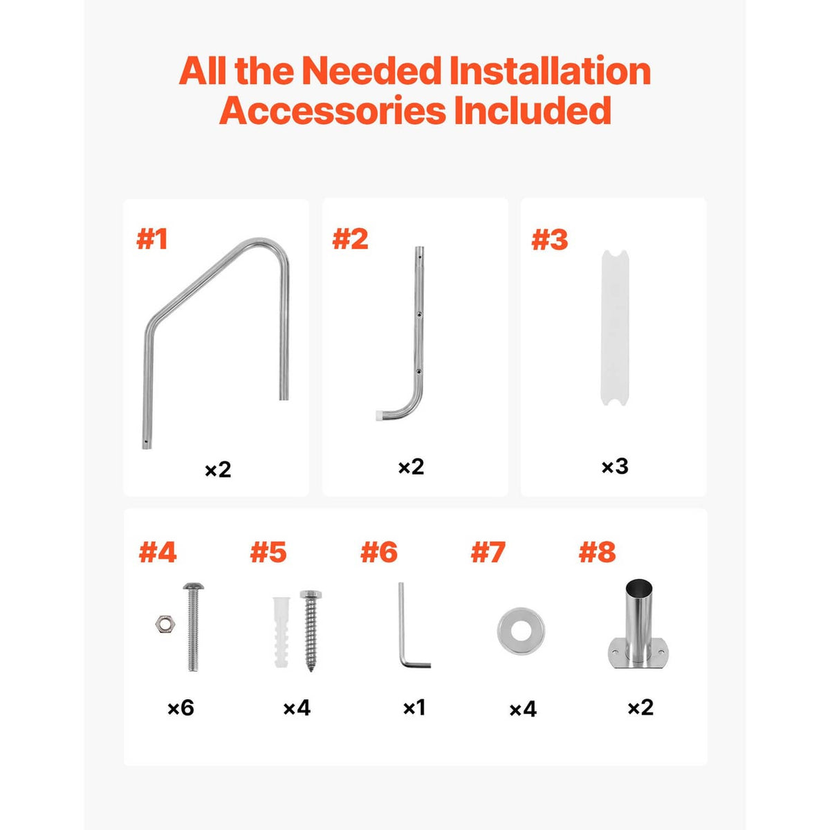 Pool ladder installation accessory set with stainless hardware pieces and mounting bracket
